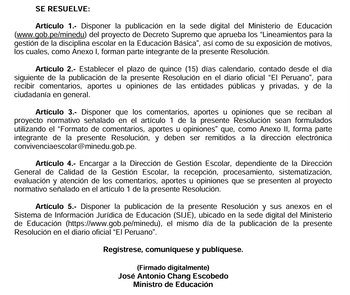 Documento oficial impreso con el texto Se resuelve, cinco artículos normativos y la firma digital del ministro de Educación de Perú
