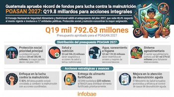 Infografía sobre el presupuesto de Q19.792 millones para el POASAN 2027 de Guatemala, con detalles de distribución por áreas, acciones estratégicas y un niño con comida.