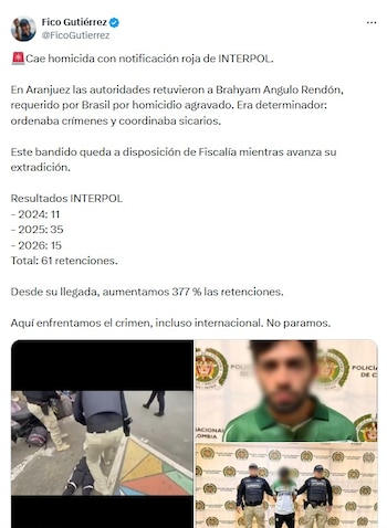 El alcalde de la ciudad, Federico Gutiérrez, confirmó los hehcos por medio de su cuenta de X, donde celebros que las autoridades esten entregando resultados positivos en contra del crimen organizado - crédito @FicoGutierrez/X