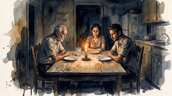 Ilustración en acuarela de tres personas sentadas a una mesa con platos vacíos y una vela encendida en una cocina oscura.