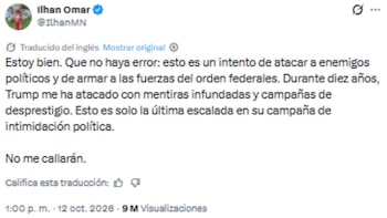 Captura de pantalla de una publicación en redes sociales de la cuenta de Ilhan Omar con texto traducido al español y datos de visualización