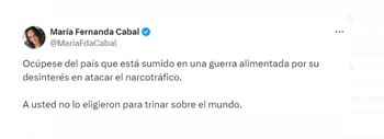 La senadora María Fernanda Cabal criticó que Petro no prestara atención a los problemas del Cauca - crédito @MaraFdaCabl/X