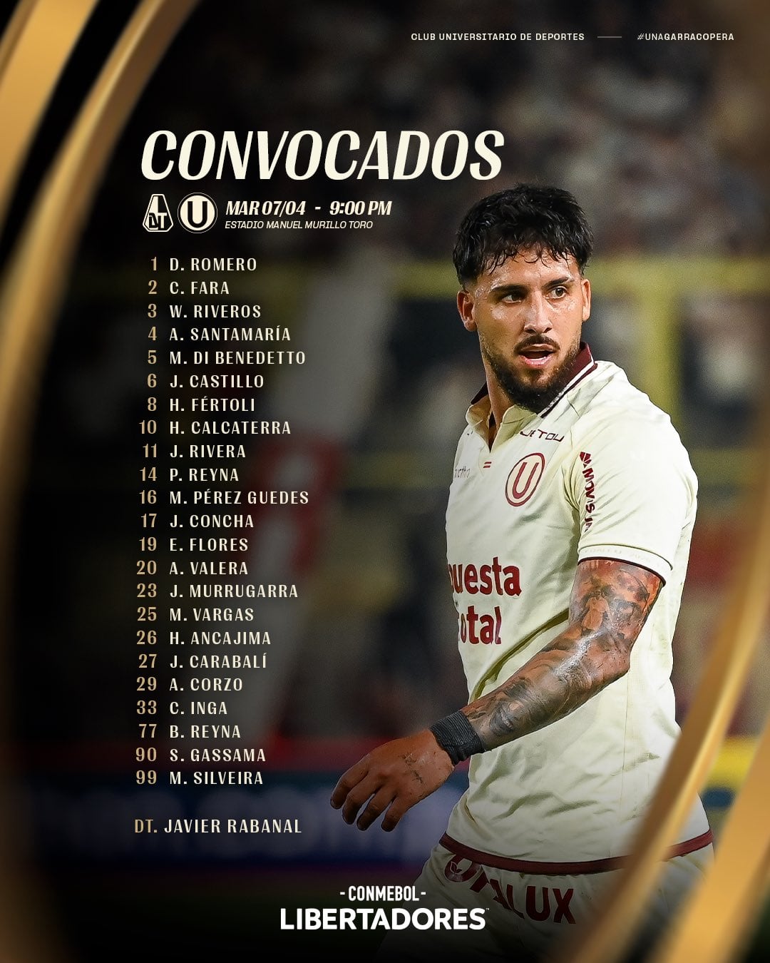 Lista da equipe do Universitario que enfrentará o Tolima em Ibagué pela Copa Libertadores - Crédito: Club Universitario.