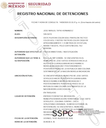 Una ficha del Registro Nacional de Detenciones de la SSPC confirmó la captura del mando municipal. Crédito: RND