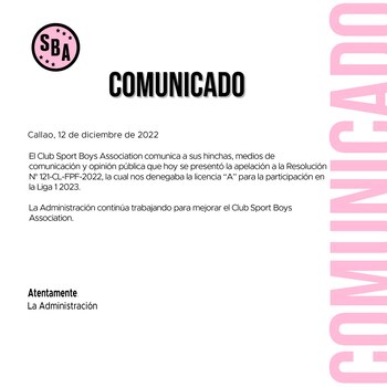 Comunicado de Sport Boys (Twitter).