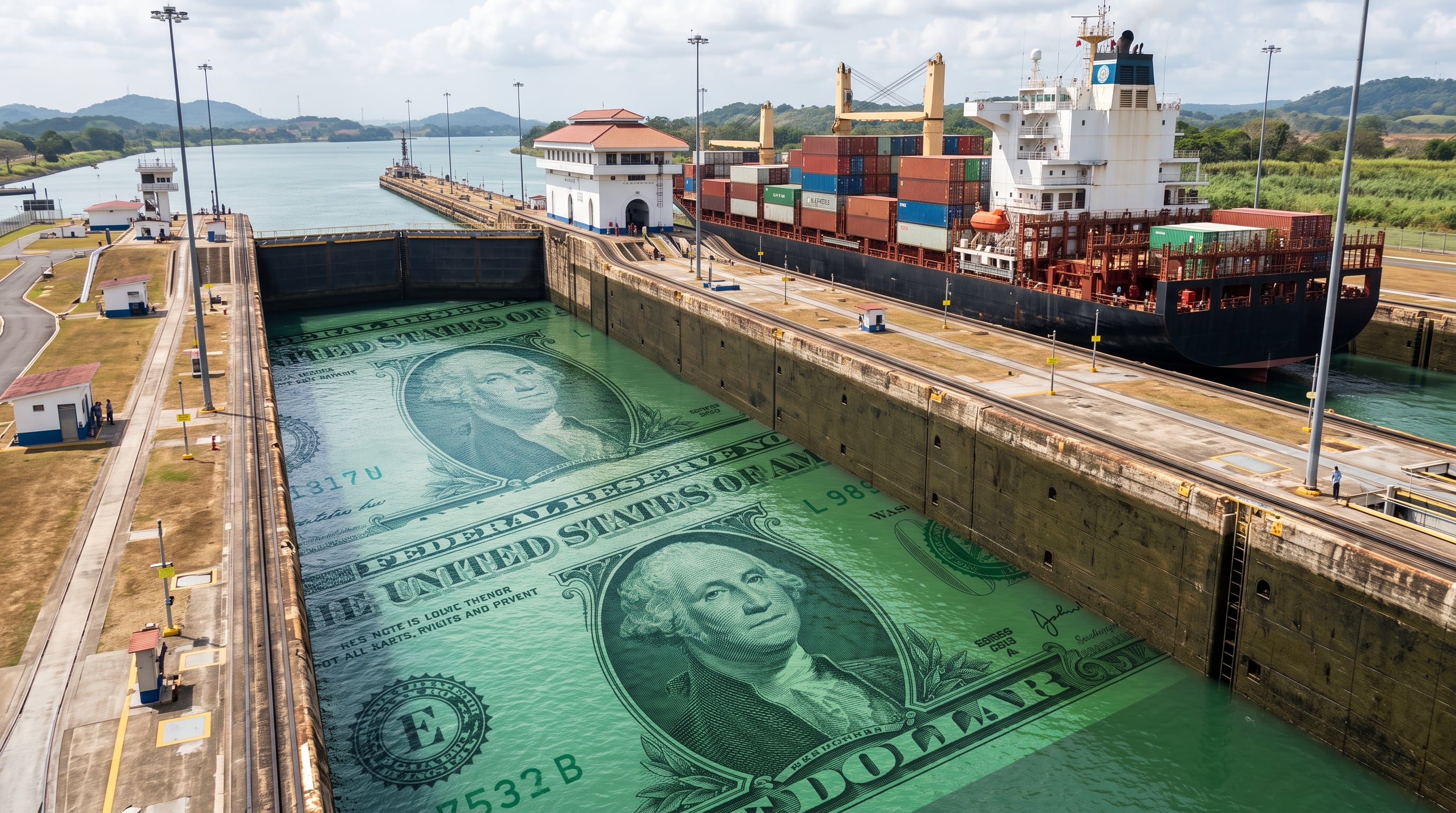 Un buque portacontenedores transita por las esclusas de Miraflores del Canal de Panamá, donde el agua de la cámara refleja la imagen de billetes de dólar estadounidense. (Imagen Ilustrativa Infobae)