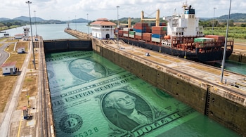 Un buque de carga junto a la esclusa del Canal de Panamá, con agua verde que proyecta la imagen de billetes de dólar estadounidense.