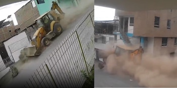 Retroexcavadora fuera de control destruye