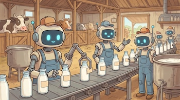 Caricatura de robots humanoides con gorras y overoles etiquetando botellas de leche en una cinta transportadora dentro de una lechería, con vacas en establos al fondo.