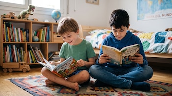 Dos niños están sentados en una alfombra leyendo libros infantiles en un dormitorio con una estantería llena de cuentos y juguetes.