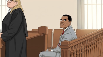 Caricatura de un hombre con traje gris y corbata roja sentado en un banco de madera. A su lado, una mujer con gafas y toga negra. Sala con bancos y ventanales.