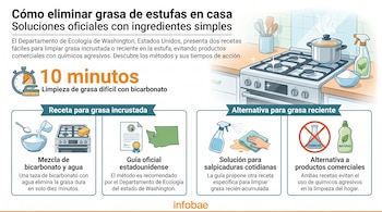 Infografía sobre limpieza de estufas con imágenes de una estufa, olla, utensilios, rociador, cuenco con polvo, temporizador, cepillo, esponja, paño, documento oficial y mapa.