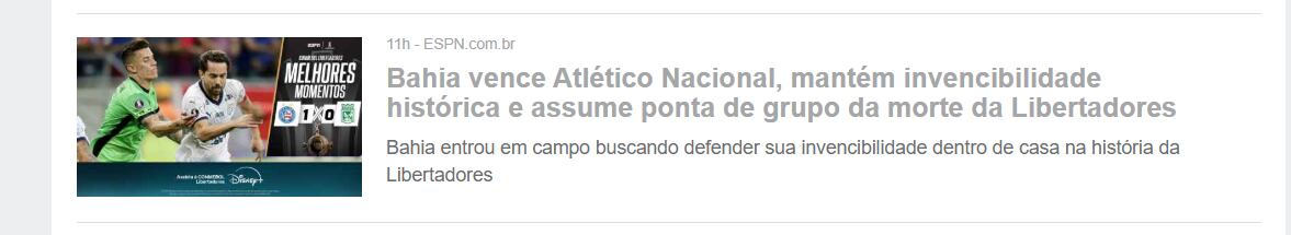 El portal deportivo más importante del mundo reseñó la victoria de Bahía de la siguiente forma - crédito ESPN Brasil