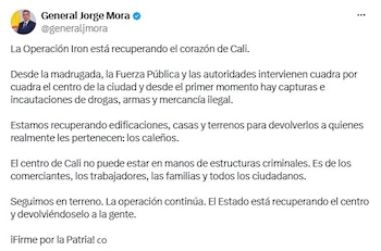 La Operación Iron, presentada por el ministro de Defensa Jorge Mora, abrió el 24 de septiembre de 2026 una intervención en el centro de Cali para desplazar a las estructuras criminales de esa zona y extender después las acciones a otros municipios del Valle del Cauca - crédito @generaljmora/X