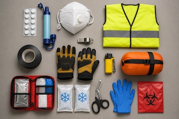 Un kit de emergencia con chaleco reflectante, botiquín, mascarilla, filtro de agua, guantes y saco de dormir organizados sobre un fondo gris.