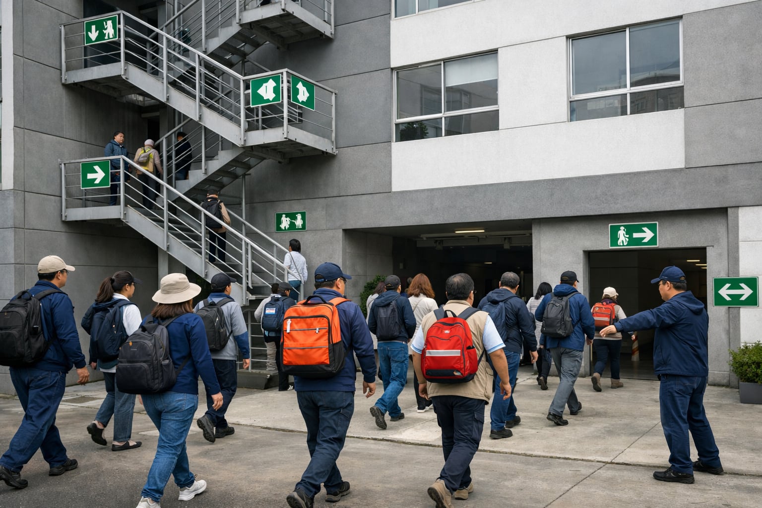 Participantes de un simulacro de evacuación practican las rutas de salida en un edificio residencial moderno de una ciudad peruana. (Imagen Ilustrativa Infobae)