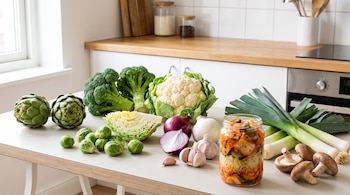 Mesa de cocina con alcachofas, brotes de Bruselas, repollo, brócoli, coliflor, cebollas, ajos, puerros, hongos shiitake y frasco de kimchi en primer plano.