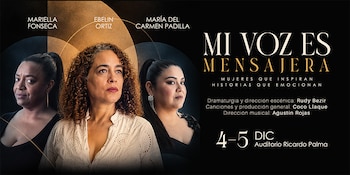 Tres mujeres en primer plano sobre fondo negro junto al título Mi voz es mensajera, créditos artísticos y fechas de presentación