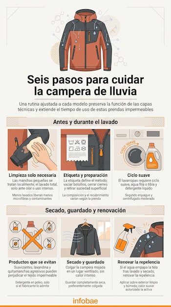 Infografía con la ilustración de una campera de lluvia y seis secciones explicativas sobre su lavado, secado y cuidado.