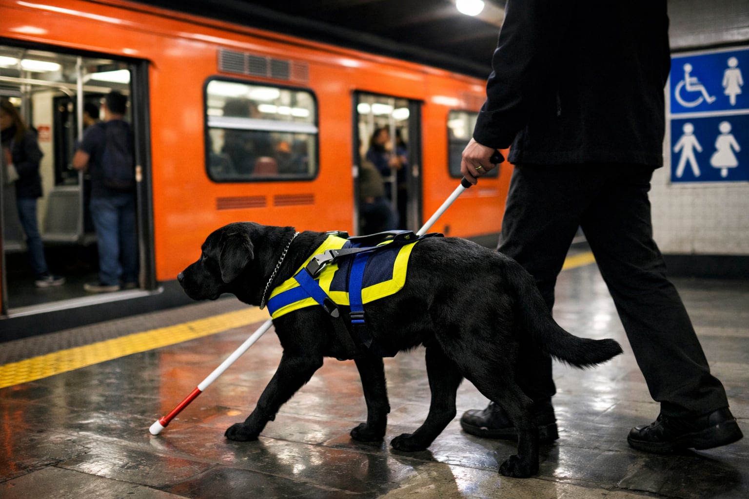 Un perro guía acompaña a una persona con discapacidad visual durante un recorrido urbano. En la Ciudad de México, estos animales de asistencia cuentan con protección legal y acceso garantizado a espacios públicos y medios de transporte para apoyar la autonomía y seguridad de sus usuarios