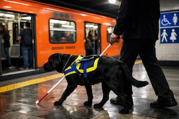 Un labrador negro con arnés amarillo y azul guía a una persona con bastón blanco por un andén del Metro. Un tren naranja y señalética de accesibilidad se ven al fondo.