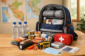 Mochila azul abierta con agua, alimentos enlatados y empacados, linterna, silbato, radio, botiquín rojo, mantas térmicas, mascarillas y documentos.