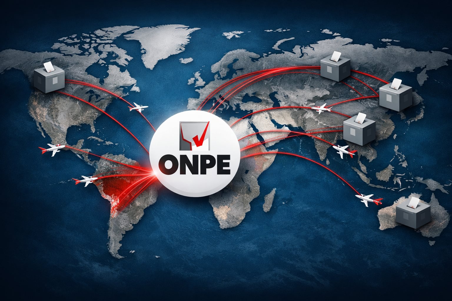 Un mapa político global ilustra la compleja logística del voto peruano en el extranjero, con líneas de vuelo rojas convergiendo en Perú y el logo de la ONPE destacando como centro organizativo. (Imagen Ilustrativa Infobae)