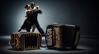 Un bandoneón y un acordeón negros con detalles dorados en primer plano; una pareja de bailarines de tango aparece desenfocada al fondo.