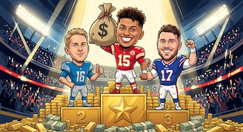 Ilustración de tres jugadores de fútbol americano caricaturizados sobre un podio rodeado de fajos de billetes y lingotes de oro