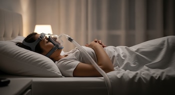 Vista lateral de una persona durmiendo en una cama, con una máscara CPAP conectada a un tubo, y una lámpara encendida en la mesita de noche.
