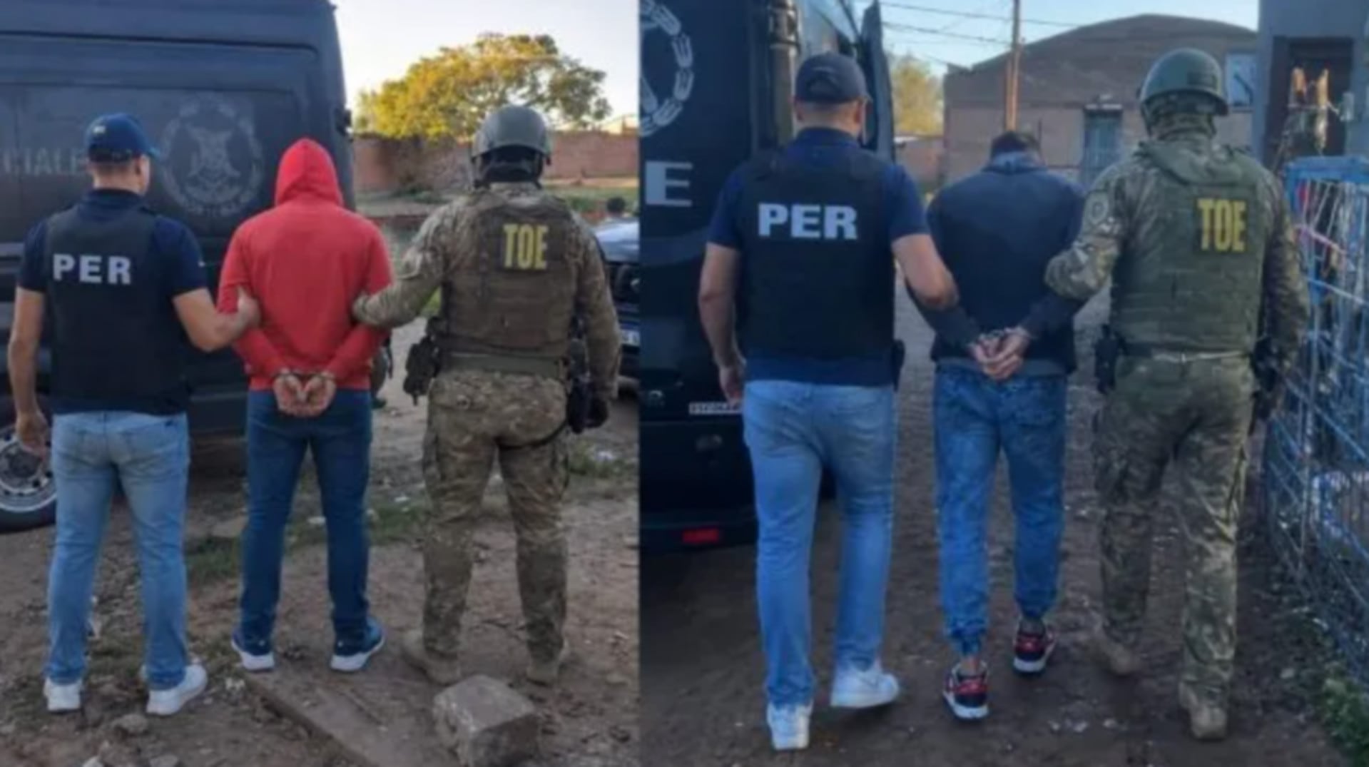 Dos hombres, presuntamente prófugos de un ataque, son arrestados y escoltados por agentes de las fuerzas de seguridad en la provincia de Entre Ríos (Diario Uno Entre Ríos)