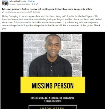 Anton Green, ciudadano británico de 43 años y amigo de la familia de Marcus Rashford, permanece desaparecido en Colombia desde el 8 de agosto, después de residir tres años en el país; su caso movilizó a sus familiares en el Reino Unido, a las autoridades colombianas y al delantero inglés - crédito facebook