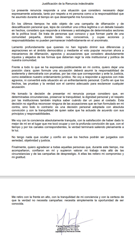 El documento con el que el ex legislador Ernesto Flores confirmó su renuncia (Cba24n)