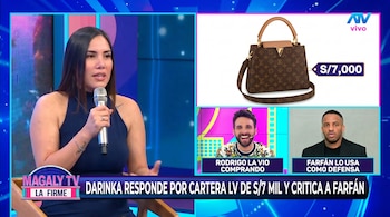 Captura de pantalla de un programa de televisión mostrando a Darinka Ramírez hablando en micrófono, junto a una cartera Louis Vuitton y recuadros de Rodrigo González y Jefferson Farfán.