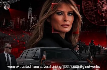 Retrato de Melania Trump con un marco de vigilancia rojo, satélite, rayo láser, edificios de ciudad, red de puntos rojos, agentes de seguridad, un vehículo y texto en inglés