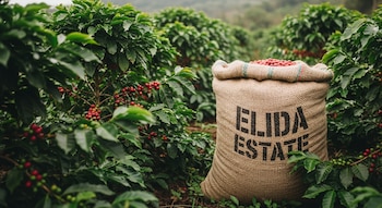 Un saco de henequén de Elida Estate con granos de café rojos en una plantación de café con plantas verdes y frutos rojos y verdes.