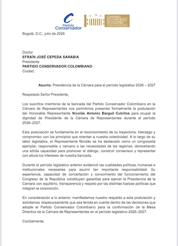 La bancada destacó las cualidades políticas, humanas e institucionales del representante en el ciclo anterior necesarias para asumir el cargo - crédito Partido Conservador