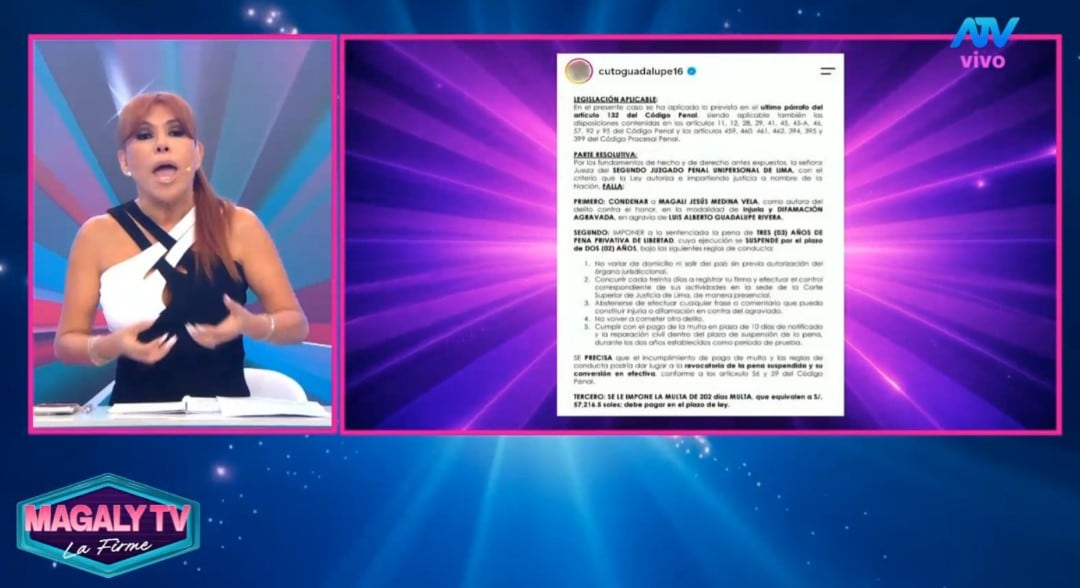 Magaly Medina responde tras condena de Cuto Guadalupe: “La Justicia tendría que tener un poco de discernimiento”. Captura: Magaly TV La Firme.