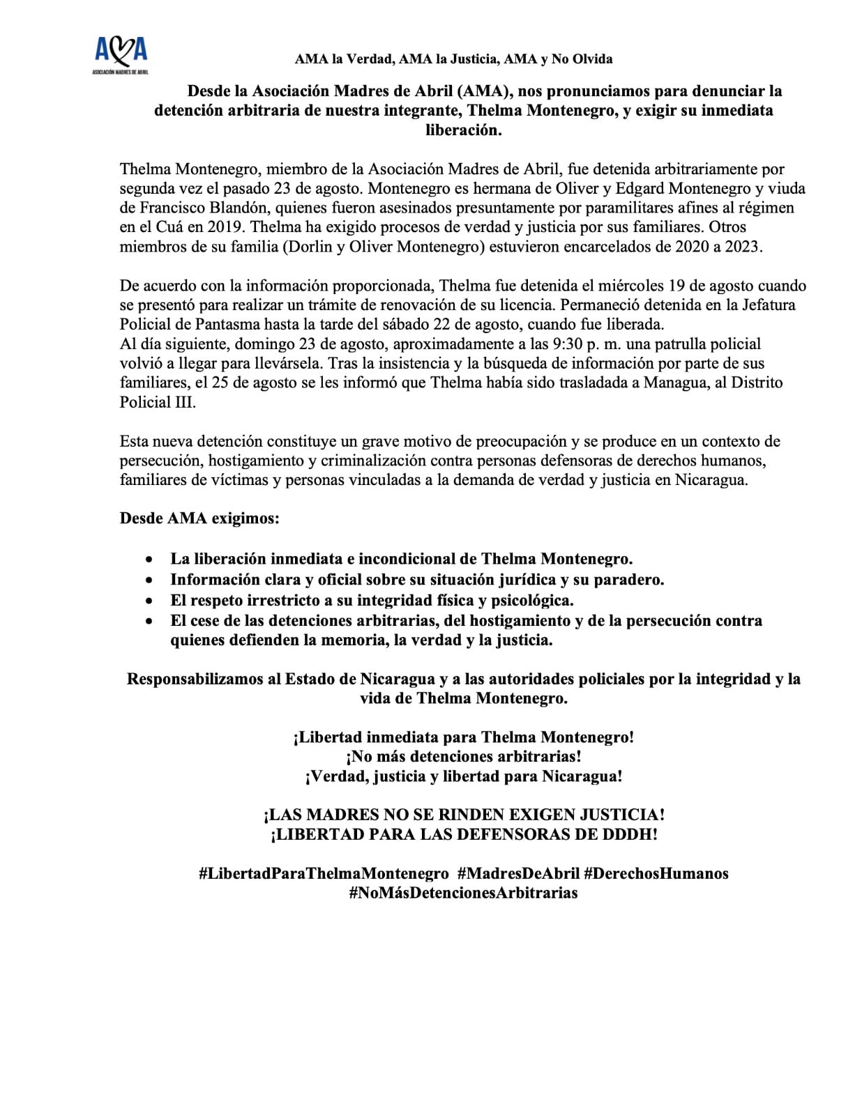 La AMA afirmó que el caso de Thelma Montenegro refleja el hostigamiento y la criminalización contra defensoras de derechos humanos en Nicaragua. (Cortesía: Asociación Madres De Abril)