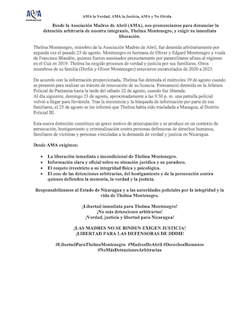 La AMA afirmó que el caso de Thelma Montenegro refleja el hostigamiento y la criminalización contra defensoras de derechos humanos en Nicaragua. (Cortesía: Asociación Madres De Abril)