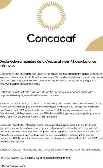 En su comunicado, la Concacaf sostuvo que el manejo de los recursos de la FIFA debe responder al bien del futbol y no sólo a las expectativad de ingresos inmediatos. (Concacaf)