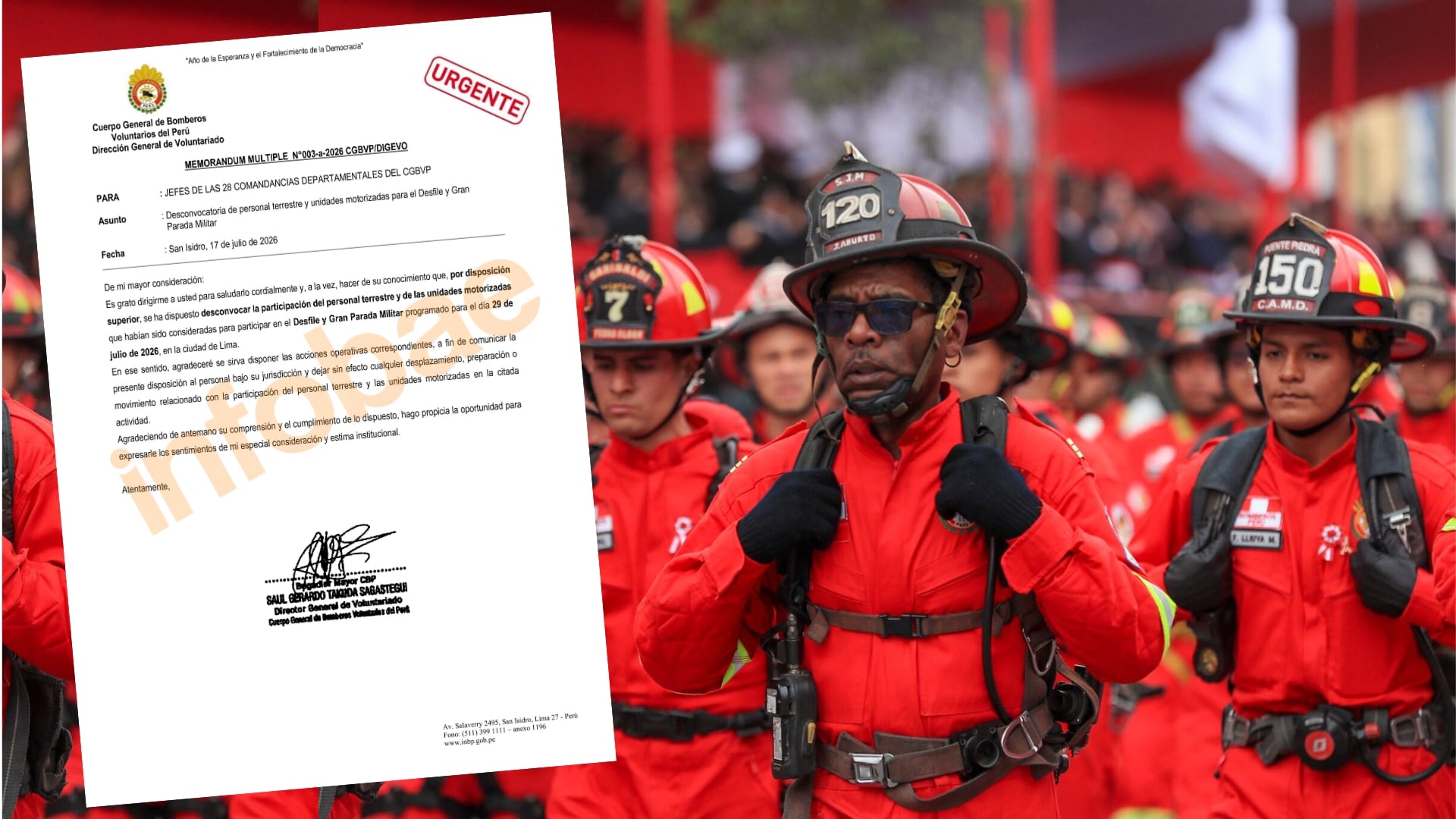 Memorándum emitido por la Dirección General de Voluntariado del CGBVP que instruye la desconvocatoria de todos los efectivos y unidades para el desfile del 29 de julio.