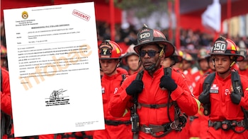 Un memorándum oficial con sello "URGENTE" que anuncia desconvocatoria y un grupo de bomberos en uniformes rojos con cascos y equipo, marchando