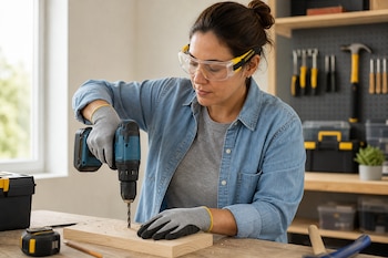 Mujer con lentes transparentes de seguridad y guantes utiliza un taladro sobre una pieza de madera en una mesa de trabajo.