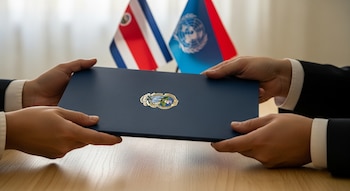 Primer plano de dos manos intercambiando una carpeta azul con el escudo dorado de Costa Rica. En el fondo borroso, se ven las banderas de Costa Rica y la ONU.