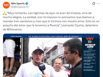 Este es el momento en el que Leonardo Castro se refiere a sus lágrimas, después de ver tres camiones llenos de donación para las víctimas del terremoto en Colombia - crédito Win Sports/X