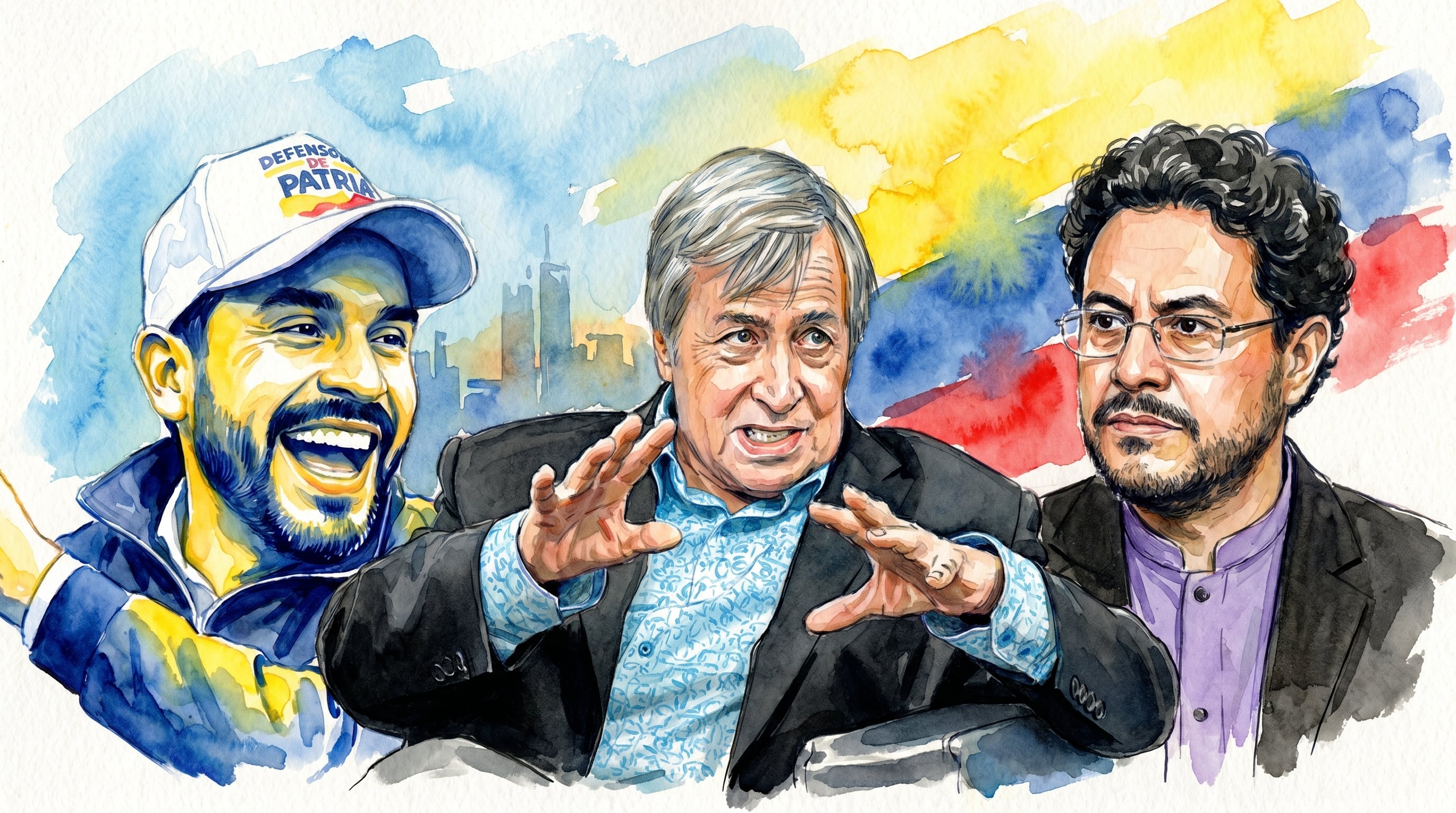 Ilustración en acuarela del consultor político Dick Morris analizando las elecciones presidenciales de Colombia junto a Abelardo de la Espriella e Iván Cepeda, los punteros en las encuestas. (Imagen Ilustrativa Infobae)