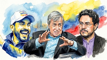 Ilustración acuarela de tres hombres: uno sonriendo con gorra, otro gesticulando al centro, y un tercero con gafas. Fondo suelto en tonos azul, amarillo y rojo.