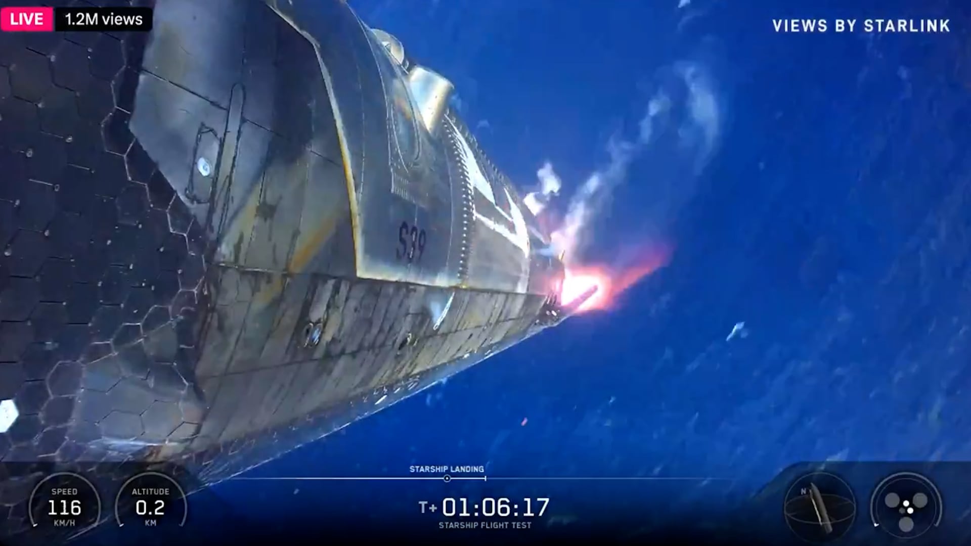 La nave Starship V3 de SpaceX desciende sobre el océano con motores encendidos, marcando un exitoso vuelo de prueba tras un intento fallido en Texas
