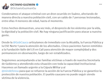 Octavio Guzmán confirmó que siete personas resultaron lesionadas, entre ellas cuatro menores de edad, y anunció el acompañamiento institucional. - crédito @OctavioGuzmanGu/X